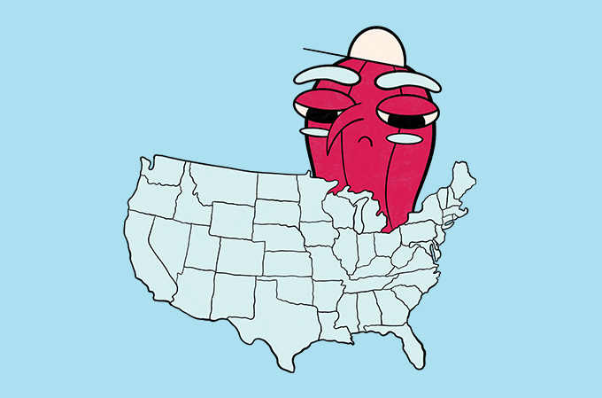 ilustração de mapa dos EUA com uma caricatura de amendoim por cima