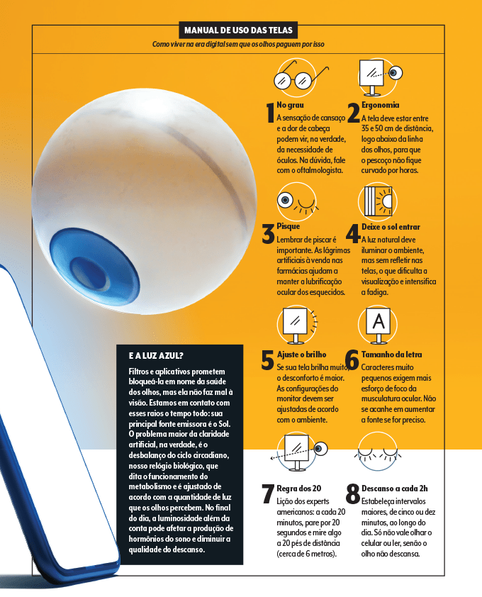 Quadro de dicas para aliviar o cansaço visual relacionado às telas