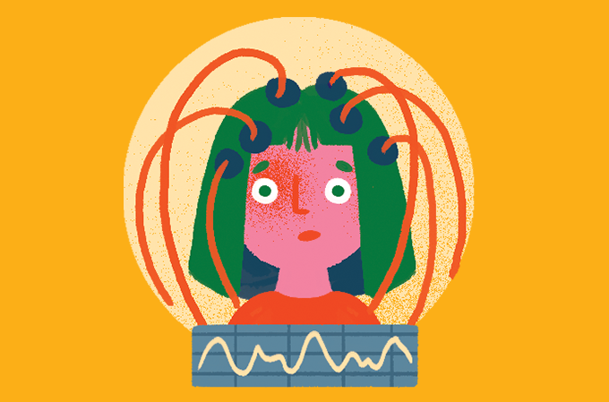 ilustração de mulher com eletrodos e fios na cabeça