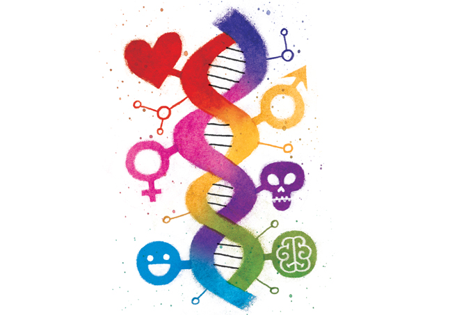 ilustração de espiral de DNA com símbolos de coração, cérebro e saúde e doença