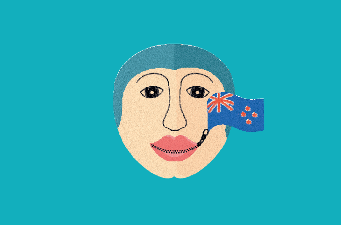 ilustração de mulher com um zíper na boca e bandeira da nova zelândia