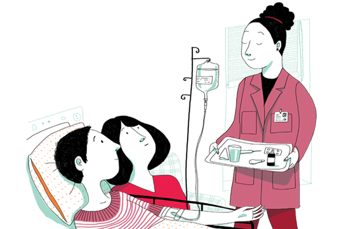 ilustração de paciente recebendo medicamento na veia com esposa ao lado