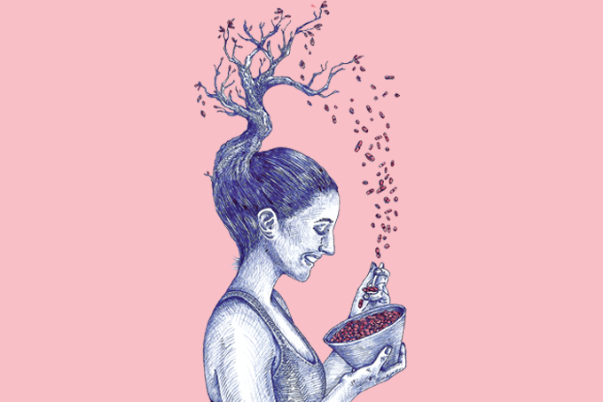 ilustração de mulher com pote de comprimidos