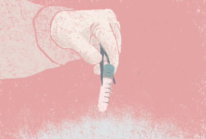 ilustração de médico pegando frasco com óvulos congelados