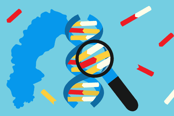 485_radar_lugar_nobel-suecia ilustração de lupa sobre genes e o mapa da suécia