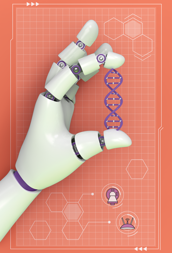 486_materia_saude-era-digital_robo-genomica ilustração de mão robótica segurando código de dna