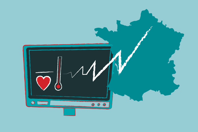 ilustração do mapa da frança atrelado a computador com exame do coração