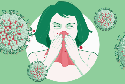 ilustração de mulher assoando nariz com vírus em volta dela
